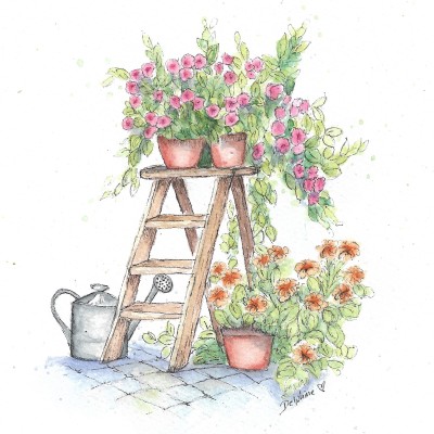Home Watercolour Card Ladder Flower 1